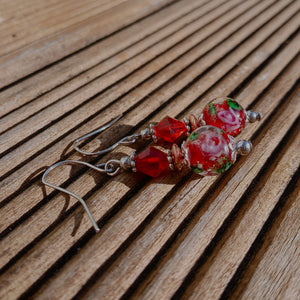 Red, Copper & Silver Tone Handmade Bead Earrings