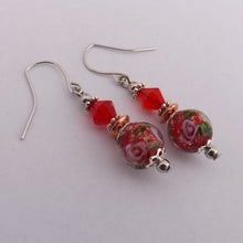 Load image into Gallery viewer, Red, Copper &amp; Silver Tone Handmade Bead Earrings
