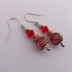 Red, Copper & Silver Tone Handmade Bead Earrings