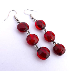 Red Glass Foil Handmade Bead Chain Link Drop Earrings