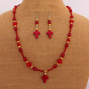 Red & Gold Handmade Cross & Bead Necklace & Earring Set
