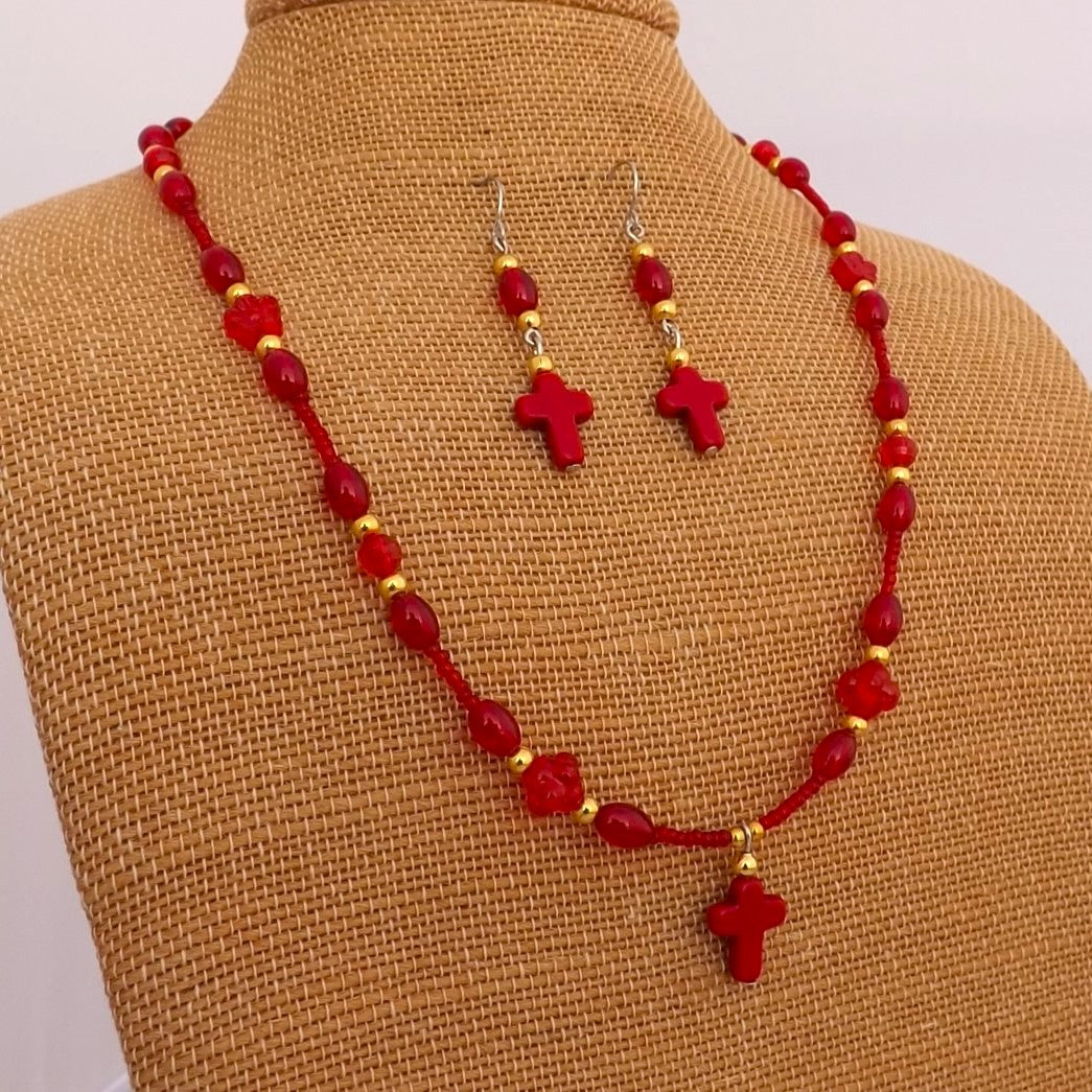 Red & Gold Handmade Cross & Bead Necklace & Earring Set