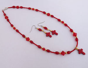 Red & Gold Handmade Cross & Bead Necklace & Earring Set