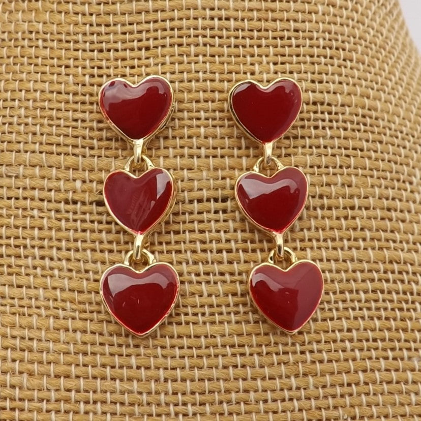 Red & Gold Tone Triple Heart Drop Earrings