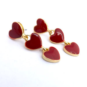 Red & Gold Tone Triple Heart Drop Earrings