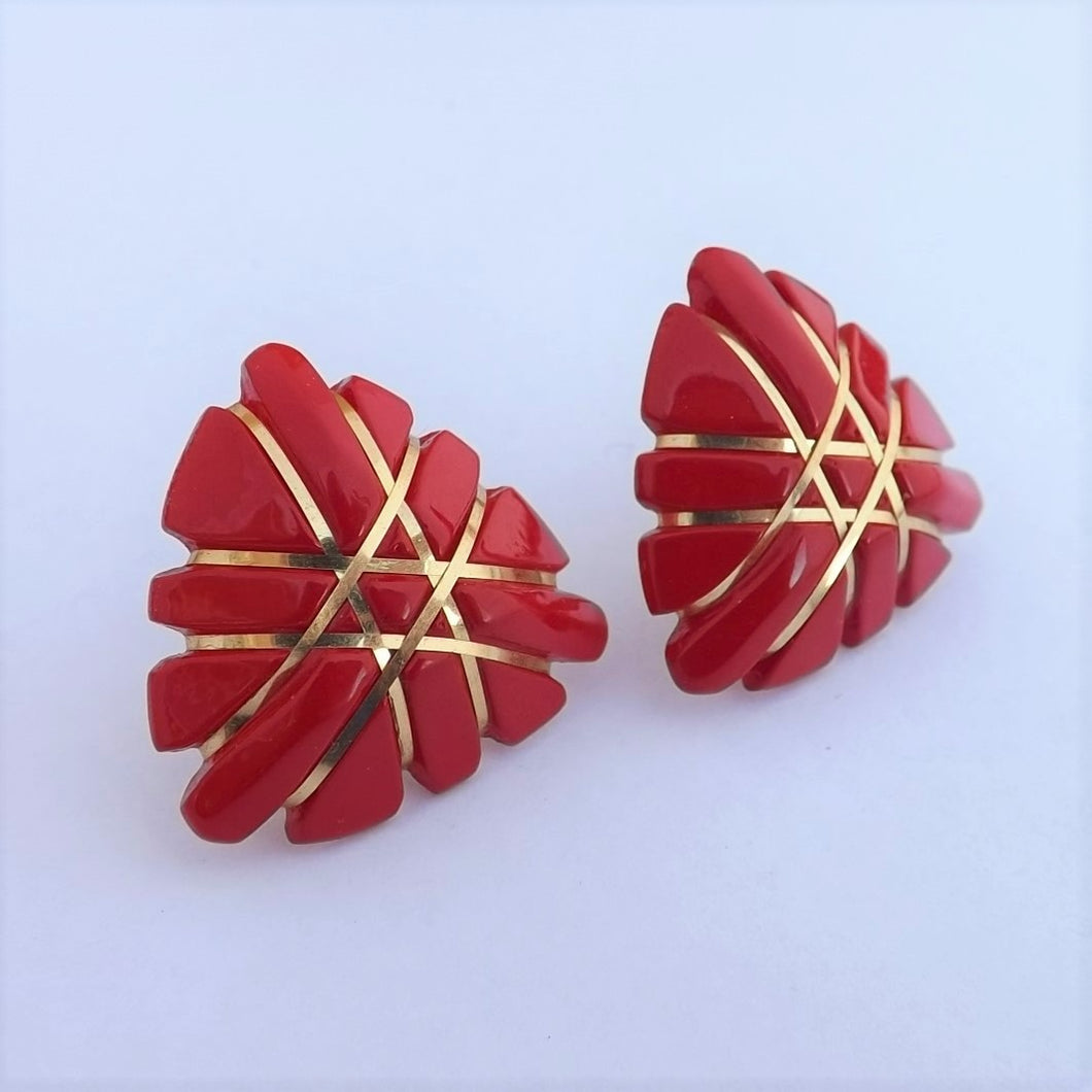 Red & Gold Tone Vintage Stud Earrings