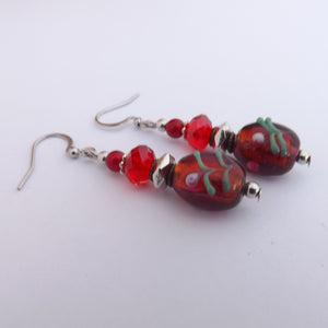 Red & Green Handmade Lamp Work Bead Earrings