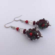 Load image into Gallery viewer, Red, Green &amp; White Lamp Work Handmade Bead Earrings
