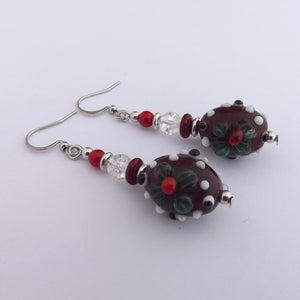 Red, Green & White Lamp Work Handmade Bead Earrings