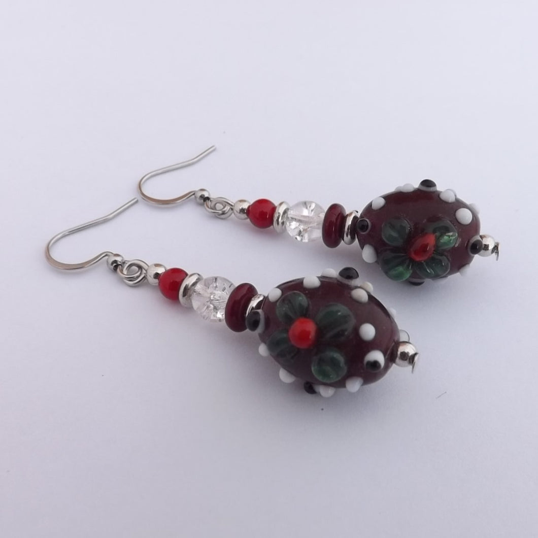 Red, Green & White Lamp Work Handmade Bead Earrings