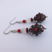 Load image into Gallery viewer, Red, Green &amp; White Lamp Work Handmade Bead Earrings
