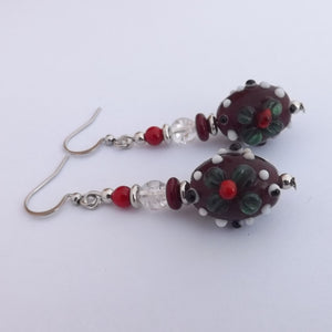 Red, Green & White Lamp Work Handmade Bead Earrings