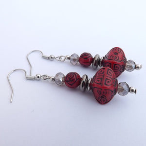 Red & Grey Handmade Bead Earrings
