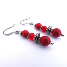 Load image into Gallery viewer, Red, Grey &amp; Silver Tone Handmade Bead Earrings
