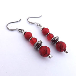 Red, Grey & Silver Tone Handmade Bead Earrings