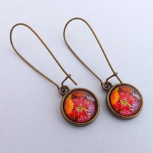 Load image into Gallery viewer, Red &amp; Orange Floral Dome Earrings on Long Kidney Hooks
