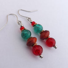 Load image into Gallery viewer, Red, Orange &amp; Green Glass &amp; Wood Handmade Bead Earrings
