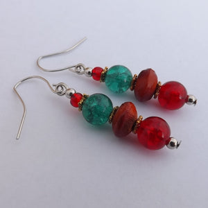 Red, Orange & Green Glass & Wood Handmade Bead Earrings