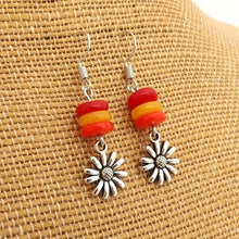 Load image into Gallery viewer, Red, Orange &amp; Silver Tone Flower Handmade Bead Earrings
