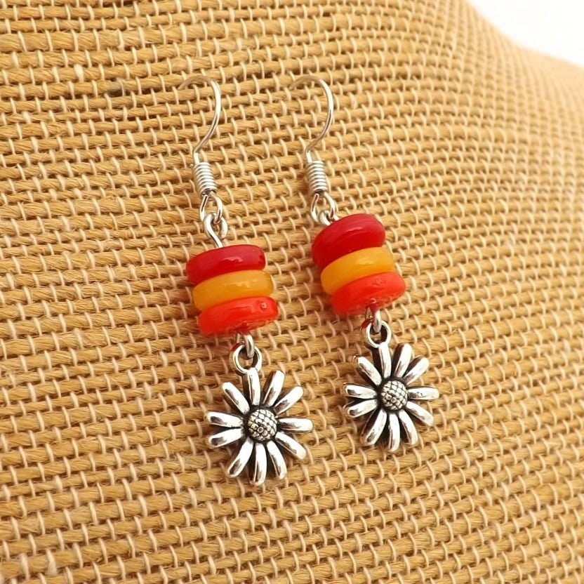 Red, Orange & Silver Tone Flower Handmade Bead Earrings