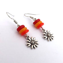 Load image into Gallery viewer, Red, Orange &amp; Silver Tone Flower Handmade Bead Earrings
