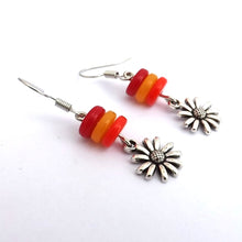 Load image into Gallery viewer, Red, Orange &amp; Silver Tone Flower Handmade Bead Earrings
