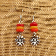Load image into Gallery viewer, Red, Orange &amp; Silver Tone Flower Handmade Bead Earrings
