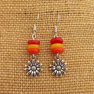 Red, Orange & Silver Tone Flower Handmade Bead Earrings