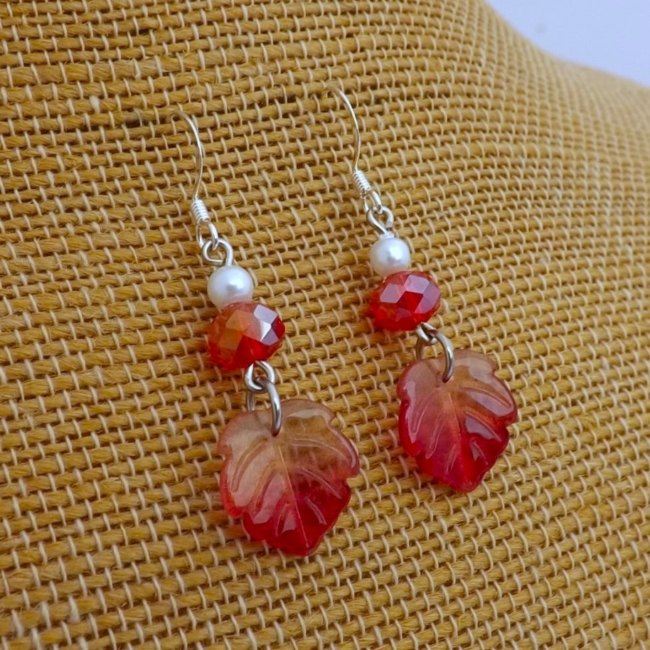 Red & Pearl Lustre Leaf & Beads Handmade Earrings