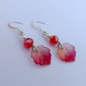 Red & Pearl Lustre Leaf & Beads Handmade Earrings
