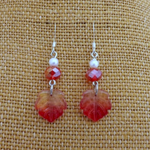 Load image into Gallery viewer, Red &amp; Pearl Lustre Leaf &amp; Beads Handmade Earrings

