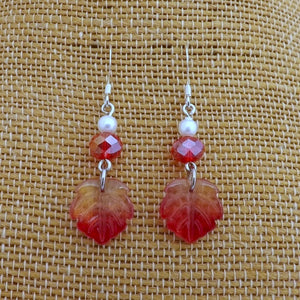 Red & Pearl Lustre Leaf & Beads Handmade Earrings