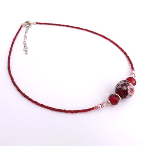 Red & Pink Handmade Glass Floral Lamp Work Bead Necklace