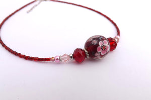 Red & Pink Handmade Glass Floral Lamp Work Bead Necklace