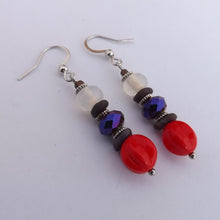 Load image into Gallery viewer, Red, Purple &amp; Grey Handmade Glass Bead Earrings
