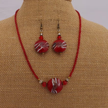 Load image into Gallery viewer, Red, Rose Gold &amp; White Swirl Handmade Glass Bead Necklace &amp; Earrings Set
