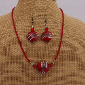 Red, Rose Gold & White Swirl Handmade Glass Bead Necklace & Earrings Set