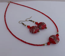Load image into Gallery viewer, Red, Rose Gold &amp; White Swirl Handmade Glass Bead Necklace &amp; Earrings Set
