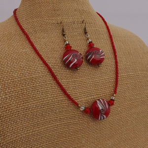 Red, Rose Gold & White Swirl Handmade Glass Bead Necklace & Earrings Set