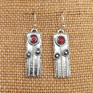 Red & Silver Tone Floral Rectangle Earrings