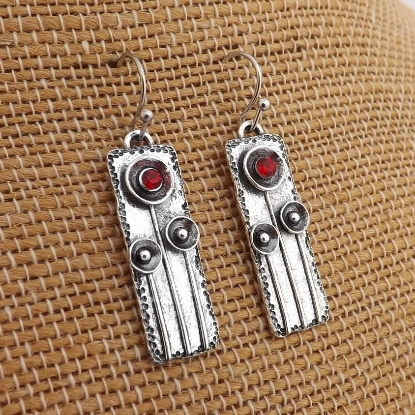 Red & Silver Tone Floral Rectangle Earrings