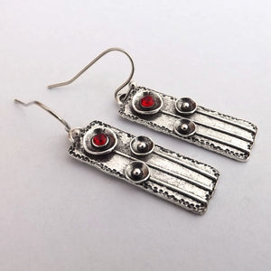 Red & Silver Tone Floral Rectangle Earrings