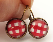 Load image into Gallery viewer, Red &amp; White Checkered Dome Earrings on Lever Back Hooks
