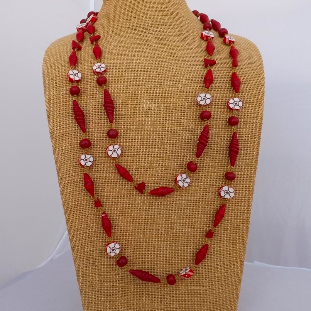 Red, White & Amber Handmade Vintage Polymer Clay Necklace