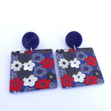 Load image into Gallery viewer, Red, White &amp; Dark Blue Floral Acrylic Drop Earrings
