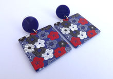 Load image into Gallery viewer, Red, White &amp; Dark Blue Floral Acrylic Drop Earrings
