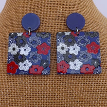 Load image into Gallery viewer, Red, White &amp; Dark Blue Floral Acrylic Drop Earrings

