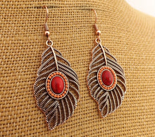 Load image into Gallery viewer, Rose Gold Tone, Red &amp; Orange Feather Earrings
