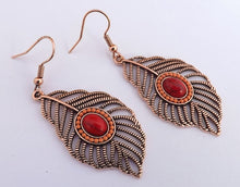 Load image into Gallery viewer, Rose Gold Tone, Red &amp; Orange Feather Earrings
