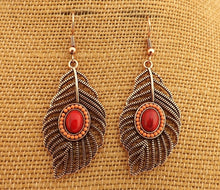 Load image into Gallery viewer, Rose Gold Tone, Red &amp; Orange Feather Earrings
